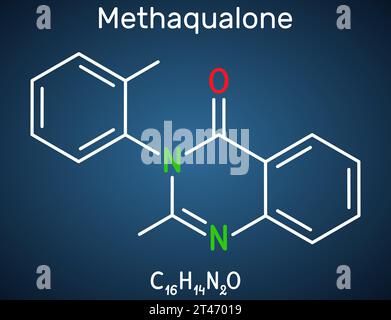 Methaqualone-Molekül. Es ist ein Beruhigungsmittel, ein hypnotisches Medikament, das zur Behandlung von Schlaflosigkeit verwendet wird. Strukturelle chemische Formel auf dunkelblauem Hintergrund. Stock Vektor