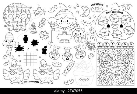 Vector Kawaii Halloween Tischset für Kinder. Druckbare Aktivitätsmatte mit Labyrinth, Tic Tac Zehenkarte, verbinde die Punkte, finde den Unterschied. Schwarz Stock Vektor