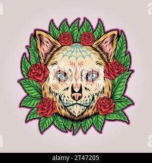 Fiesta muertos Katze florale Ornament Vektor Illustrationen für Ihre Arbeit Logo, Merchandise T-Shirt, Aufkleber und Label Designs, Poster, Grußkarten Anzeige Stock Vektor