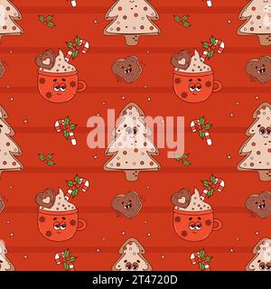 Nahtloses Retro-Weihnachtsmuster mit Zeichentrickfiguren heißer Tasse Kakao, Lebkuchenbaum und Herz auf rotem Hintergrund. Grooviger Neujahrsvektor im Hintergrund Stock Vektor