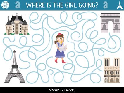 Frankreich Labyrinth für Kinder mit Touristenmädchen und Pariser Sehenswürdigkeiten. Druckbare Aktivität im französischen Vorschulalter. Labyrinth-Spiel oder Puzzle mit Sightseeing, E Stock Vektor