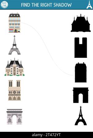 France Shadow Matching Aktivität. Französisches Puzzle mit Eiffelturm, Schloss, Notre Dame, Triumphbogen. Suchen Sie das richtige druckbare Arbeitsblatt für die Silhouette. Spaß Stock Vektor