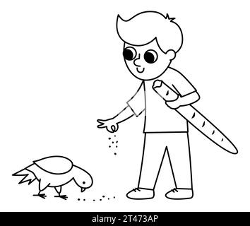 Schwarz-weißer Junge, der Tauben füttert. Niedliches Zeichen-Symbol auf weißem Hintergrund. Lustiges Kind mit Baguette Vektor Illustration oder Färbung pag Stock Vektor