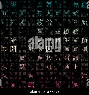 Abstrakter Hintergrund. Zufällige Zeichen des traditionellen chinesischen Alphabets. Gradiented Matrixmuster. Hintergrund mit blauem Rosenmotiv. Stock Vektor