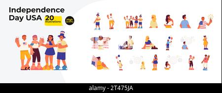 4. juli Feier Comic Flat Illustrations Bundle Stock Vektor