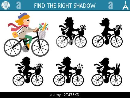 France Shadow Matching Aktivität. Puzzle mit einem Mädchen, das Fahrrad fährt, mit Korb mit Baguette und Blumen. Suchen Sie das richtige druckbare Arbeitsblatt für die Silhouette. Fu Stock Vektor