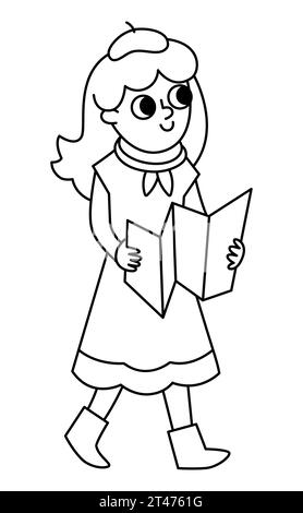Schwarz-weißes Mädchen in Baskenmütze mit Karte. Vektorlinien-Illustration einer touristischen Frau. Niedliches Zeichensymbol oder Ausmalseite Stock Vektor