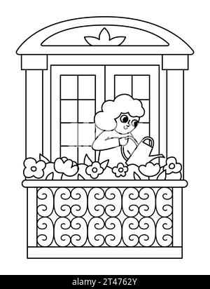 Schwarz-weißes Mädchen, das Blumen auf dem französischen Balkon tränkt. Vektorlinie Illustration der Frau. Niedliches Zeichensymbol oder Ausmalseite Stock Vektor