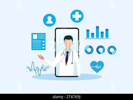 Gesundheitstechnologie, Arzt sprechen auf dem mobilen Bildschirm zusammen mit interessanten Elementen kommuniziert es moderne medizinische Technologie für Patienten zu rece Stock Vektor