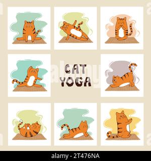 Zeichentrick-Yoga-Katze-Vektor-Illustration. Lustiges Yoga-Set für Kinder Stock Vektor