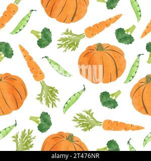 Nahtloses Muster mit orangefarbenem und grünem Gemüse. Vektor Aquarell Kürbis, Karotte und Brokkoli Illustration Stock Vektor