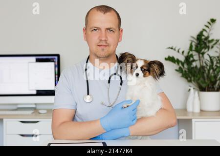 Der Tierarzt hält einen kranken kleinen Hund in den Armen in der Arztpraxis Stockfoto