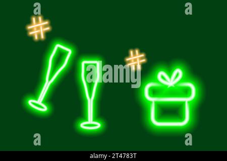 Neonleuchtende Symbole der Geschenkbox und 2 Weingläser mit Hashtags. Konzept für Glückwunsch oder Suche. Vektor für Poster, Banner, Broschüren, Plakate, Gruß- oder Einladungskarten, Preise, Etiketten oder Web Stock Vektor