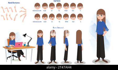 Ein Geschäftsfrau-Charaktermodell für Animation. Weibliche Figur Modell Blatt mit Lippen synchronisieren, Hand Geste, drehen Blatt-01 Stock Vektor