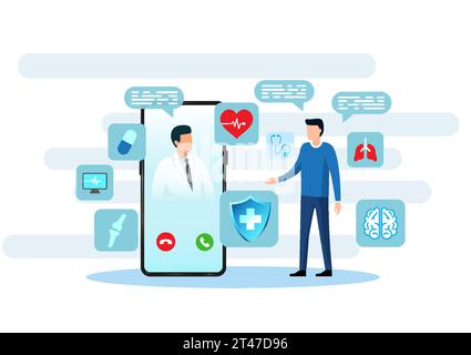 Gesundheitstechnologie Patienten Videoanrufe mit Ärzten über Smartphones es bezieht sich auf Technologie, die mit medizinischen Geräten kombiniert wird, um Patienten die tr zu ermöglichen Stock Vektor