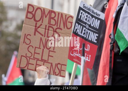 London, Großbritannien. Oktober 2023. Ein pro-palästinensischer Demonstrant hält während eines marsches durch London ein Schild hoch, um einen sofortigen Waffenstillstand in Gaza zu fordern. An einem dritten Wochenende in Folge fanden im ganzen Vereinigten Königreich Massenkundgebungen zur palästinensischen Solidarität statt, um ein Ende der israelischen Bombardierung des Gazastreifens zu fordern. Quelle: Mark Kerrison/Alamy Live News Stockfoto