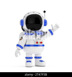 Niedliches Cartoon Maskottchen Astronaut Charakter Person winkt Hand auf einem weißen Hintergrund. 3D-Rendering Stockfoto