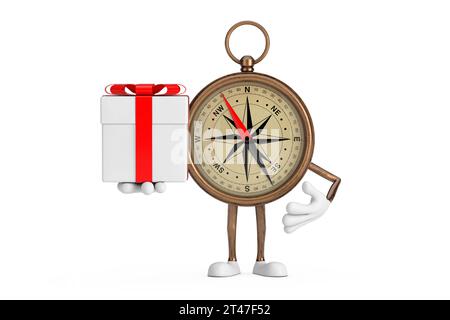 Antiker Vintage Messing Kompass Cartoon Person Figur Maskottchen und Geschenkbox mit rotem Band auf weißem Hintergrund. 3D-Rendering Stockfoto