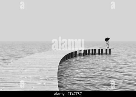 Melancholisches Konzept. Frau, die mit Regenschirm auf einer hölzernen Seebrücke steht, extreme Nahaufnahme. 3D-Rendering Stockfoto