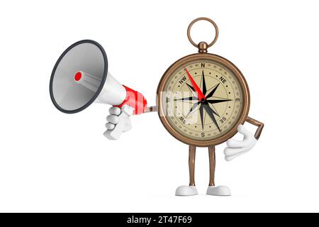 Antikes Vintage Messing Kompass Cartoon Person Figur Maskottchen mit rotem Retro Megaphon auf weißem Hintergrund. 3D-Rendering Stockfoto