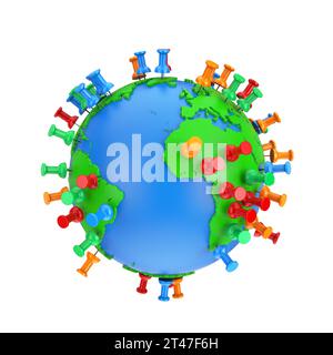 Positionsmarkierungsstifte auf einer Erdkugel auf weißem Hintergrund. 3D-Rendering Stockfoto