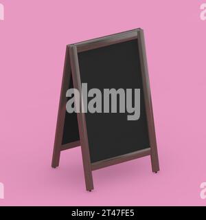 Leeres Holzmenü Blackboard Outdoor Display auf rosa Hintergrund. 3D-Rendering Stockfoto