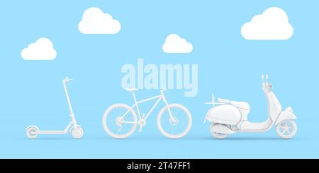 White Modern Eco Electric Kick Scooter, White Mountain Bike und White Classic Vintage Retro oder Elektroroller im Clay Style auf einem blauen Wolkenhimmel bac Stockfoto