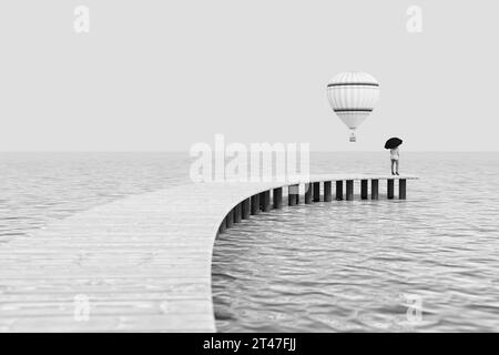 Melancholisches Konzept. Frau, die mit einem Regenschirm auf einer hölzernen Seebrücke steht und einen fliegenden Heißluftballon aus nächster Nähe betrachtet. 3D-Rendering Stockfoto