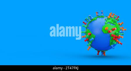 Positionsmarkierungsstifte auf einer Erdkugel auf blauem Hintergrund. 3D-Rendering Stockfoto