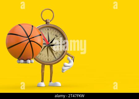 Antikes Vintage Messing Kompass Cartoon Person Maskottchen mit Basketballball auf gelbem Hintergrund. 3D-Rendering Stockfoto