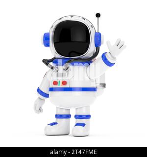 Niedliches Cartoon Maskottchen Astronaut Charakter Person winkt Hand auf einem weißen Hintergrund. 3D-Rendering Stockfoto