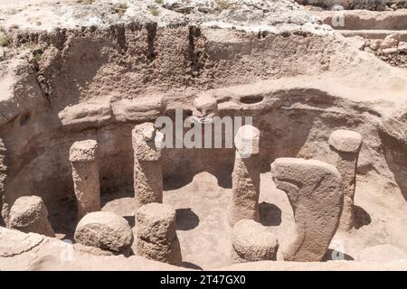 Karahan Tepe, antike Steinstatuen in der archäologischen Stätte von Karahan Tepe in Sanli Urfa Stadt, Türkei. Der älteste Tempel der Welt ist ein UNESCO-Welttempel Stockfoto