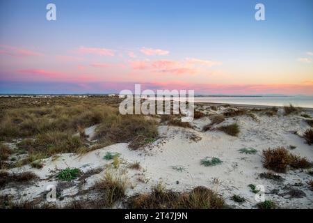 Weiße Sanddünen am Meer im Regionalpark Salinas von San Pedro del Pinatar, Region Murcia, Spanien mit sanftem Sonnenaufgangslicht und rosa Himmel Stockfoto