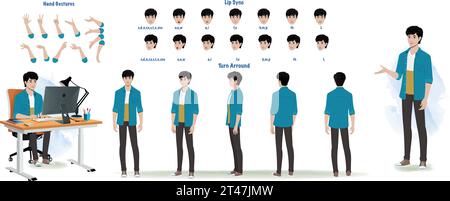 Ein Modelblatt für junge Männer zur Animation. Zeichenmodell mit Lippen synchronisieren, Handgesten, Bogen umdrehen Stock Vektor
