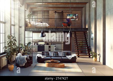 Industrial Loft Apartments mit Wohnzimmer, Küche und Schlafzimmer, 3D-Rendering. Stockfoto