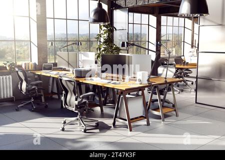 Moderne Loft-Büroeinrichtung mit Möbeln, 3D-Rendering. Stockfoto