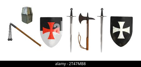 Zeichnen mit Ritterwaffen Schwert, Axt, Keule, Schild, Helm. Stockfoto
