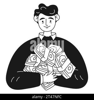 Finanzcharakter, der viele Päckchen Geld hält Stock Vektor