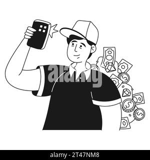 Finanzieller Charakter, ein Typ mit einer Mütze macht ein Foto vor dem Hintergrund von Geld Stock Vektor