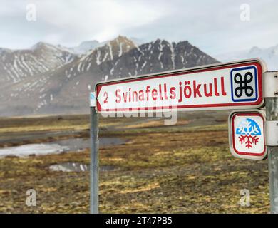 Svinafellsjokull Straßenschild zum Eisfeld in Island Stockfoto