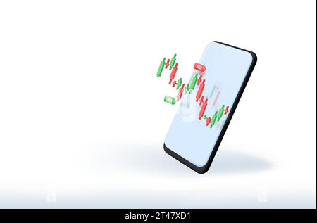 Realistisches Smartphone-Modell. 3D-Kerzendiagramm für Aktienverkauf und -Kauf. Marktinvestitionen, Online-Handel mit Mobiltelefonen. Transparenter Vektor-Schatten Stock Vektor
