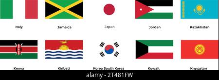 Nationalflagge von Italien Jamaika Japan Jordanien Kasachstan Kenia Südkorea Kuwait Kirgisistan Stock Vektor