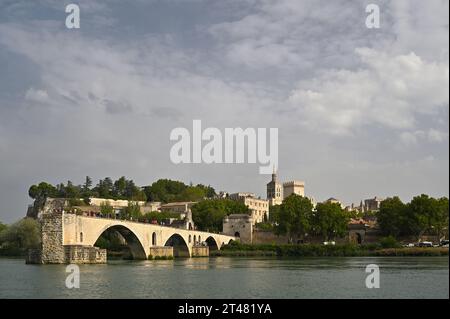Blick auf Avignon mit der Rhone, der pont Saint-Benezet und dem papstpalast. Avignon, Provence, Frankreich Stockfoto