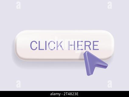 Klicken Sie auf das 3D-Symbol. Pfeilcursor oder Cursor. Klicken Sie auf die Schaltfläche, melden Sie sich an, oder rufen Sie die Website auf, wählen Sie die Website aus, suchen Sie sie, registrieren Sie sich online. Klicken Sie hier, und melden Sie sich an oder Stock Vektor