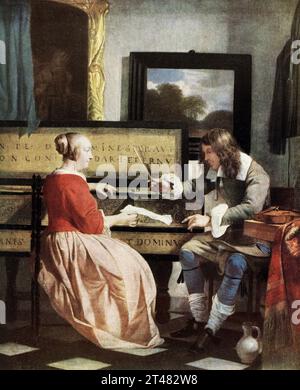 Der Titel aus dem Jahr 1916 lautet: „Metsu 1630-1667 Dutch School the Music Lesson. In der National Gallery. An der Wand hängen hinten zwei Bilder: Ein „Twelfth Night FGeast“ von Metsu, in einem goldenen Rahmen, und. 'Landscape' von J ruisdael in einem schwarzen Rahmen. Signiert G Metsu an der oberen Ecke. In Öl auf Leinwand gemalt. 1 Fuß 3 Zoll h. x 1 Fuß .5 Zoll m.' Stockfoto