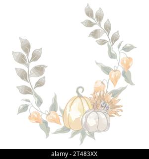 Herbstkränze Komposition von Kürbissen und Pflanzen Vektoraquarell Stock Vektor