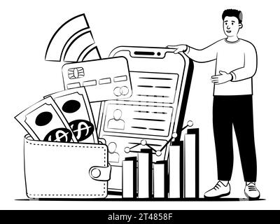 Handgezeichnetes Vektorbild eines Geschäftsmannes, der zeigt, wie man mit einem Smartphone Geld macht Stock Vektor