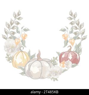 Herbstkomposition Halbkreis Herbstblumen Blätter und Kürbisse Aquarellvektor Stock Vektor