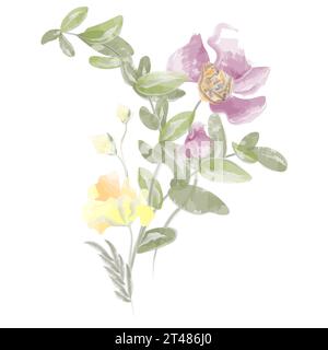 Strauß von wilden Blumen mit lila und gelben Blumen Aquarellvektor Stock Vektor