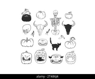 Hand gezeichneter Vektor abstrakte grafische Linie Kunst und Silhouette Halloween großer Satz gruseliger Zeichen, Kürbisse, Schädel isoliert. Halloween Umriss gruselig Stock Vektor